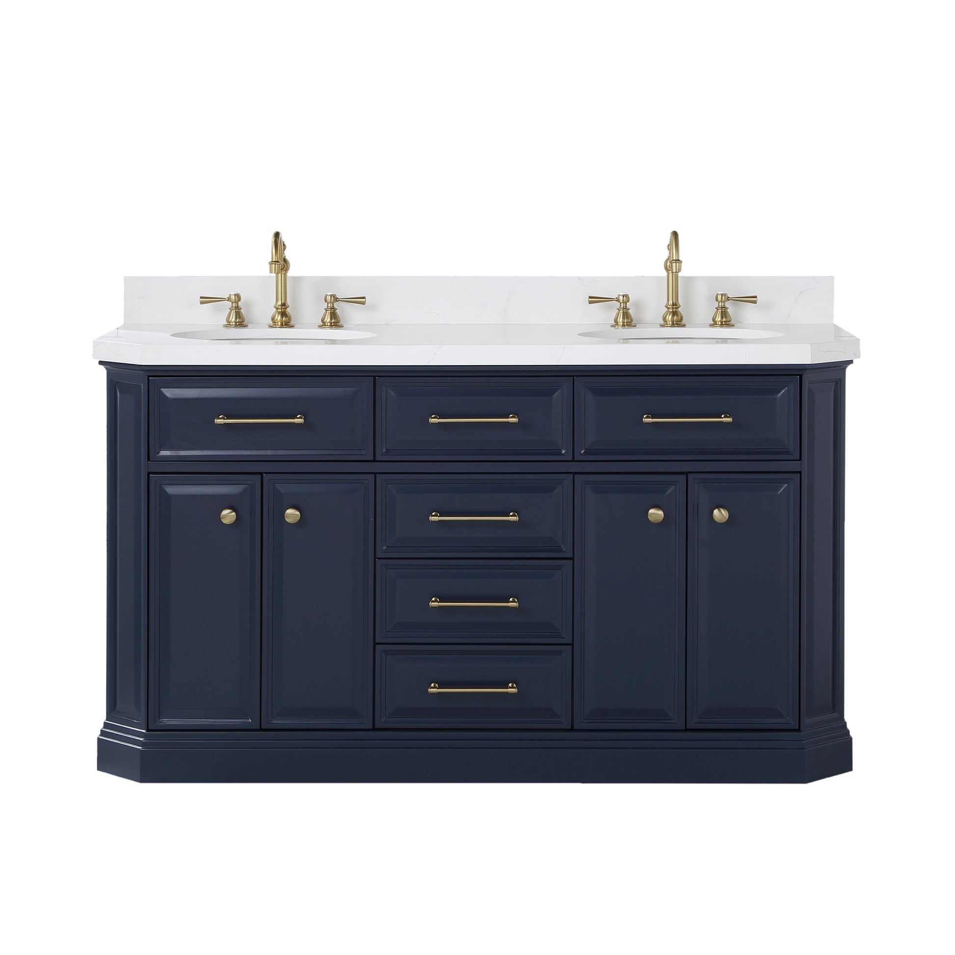 PALACE 60"W x 34"H Monarch Blue Double-Sink Vanity with White Quartz Countertop + Faucets (Hook Faucets)