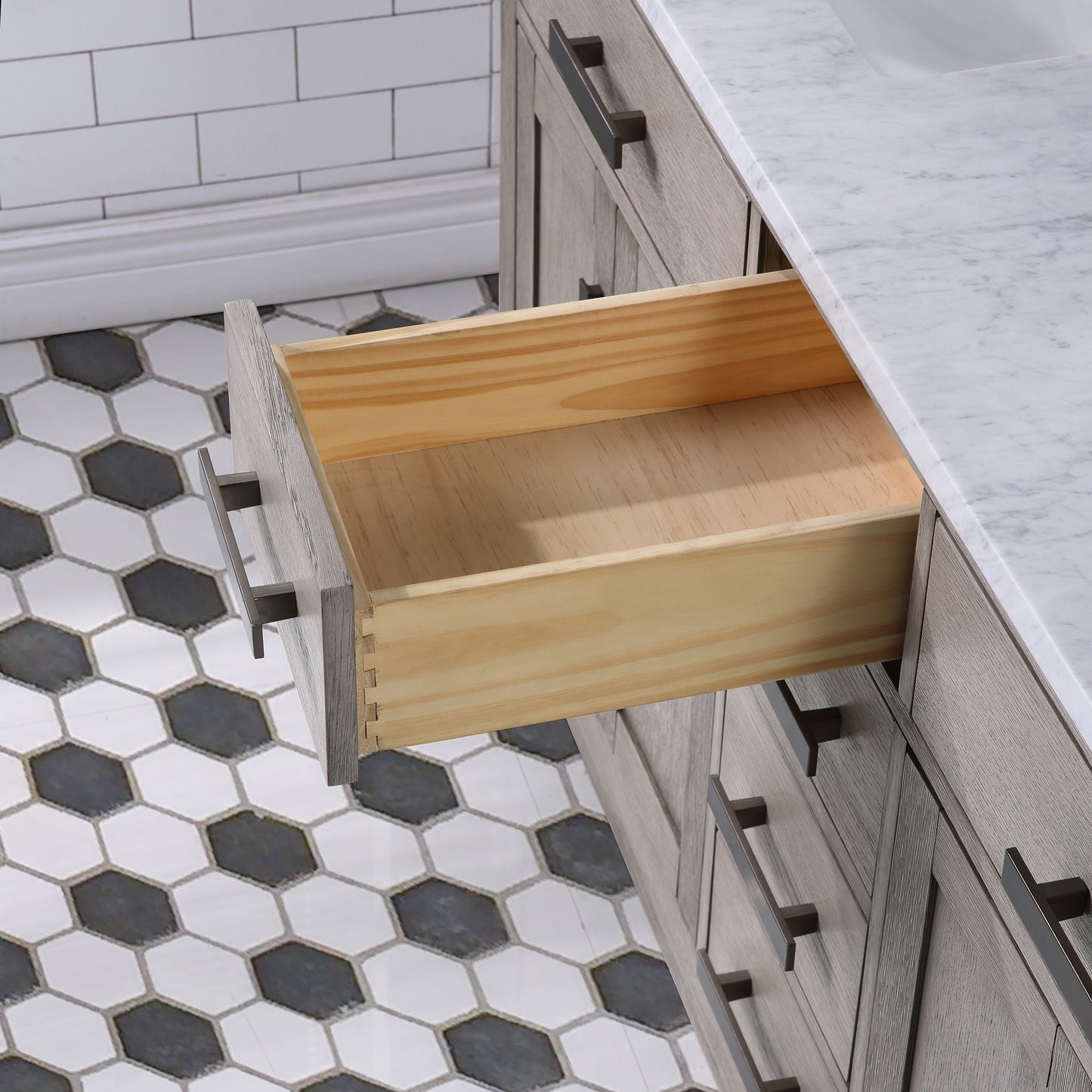 CHESTNUT 60"W x 34.2"H Gray Oak Double-Sink Vanity with Carrara White Marble Countertop + Mirrors