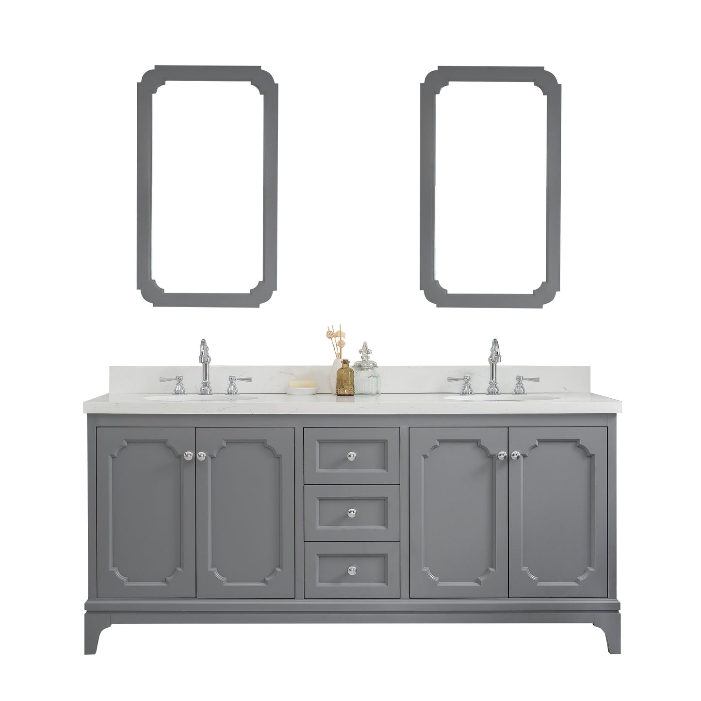 QUEEN 72"W x 34"H Cashmere Gray Double-Sink Vanity with Carrara Quartz Countertop + Faucets & Mirror (F2-0012-01-TL)