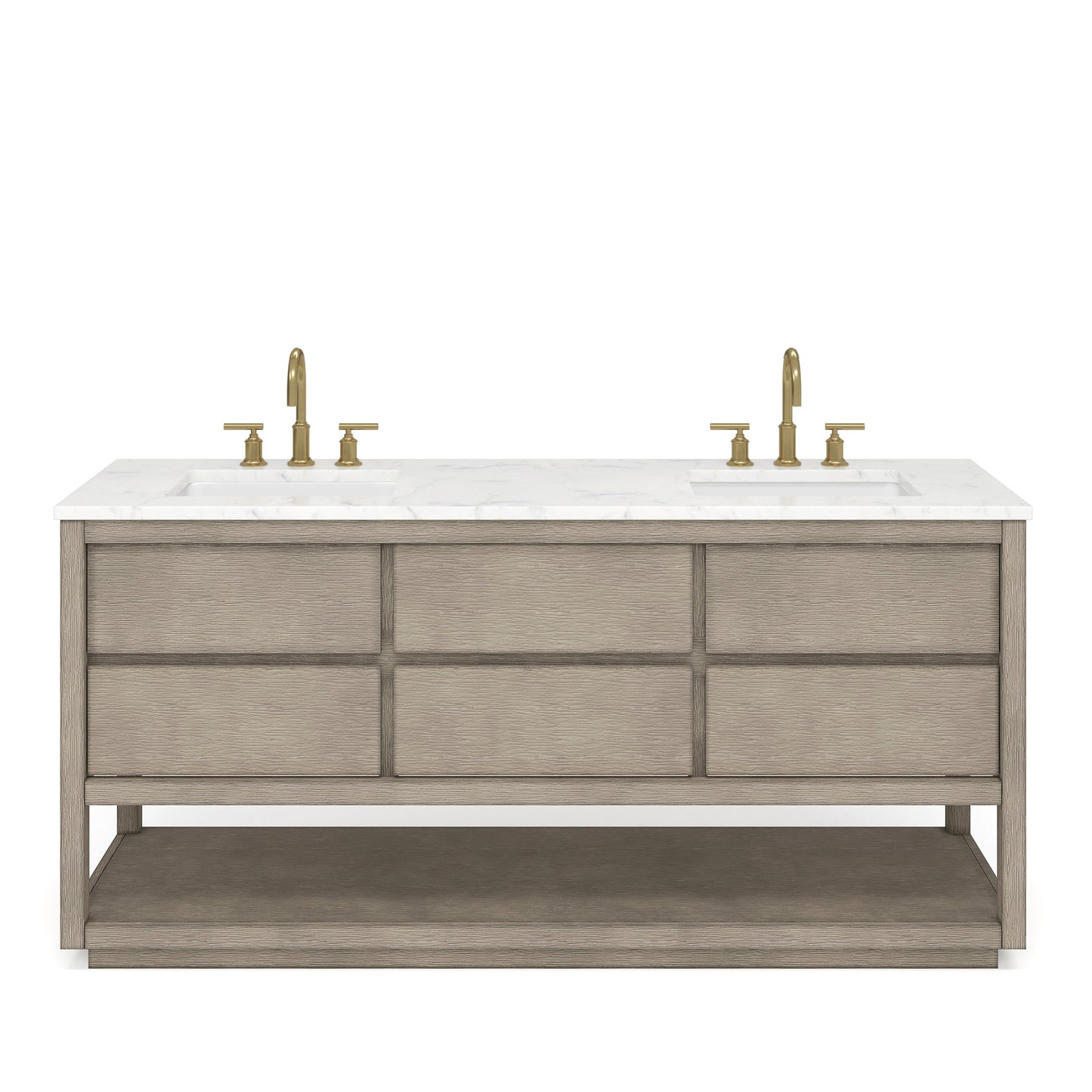 OAKMAN 72"W x 34.3"H Gray Oak Double-Sink Vanity with Carrara White Marble Countertop + Gold Faucets