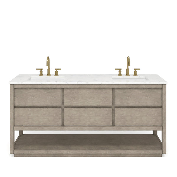 OAKMAN 72W x 34.3H Gray Oak Double-Sink Vanity with Carrara White Marble Countertop + Gold Faucets