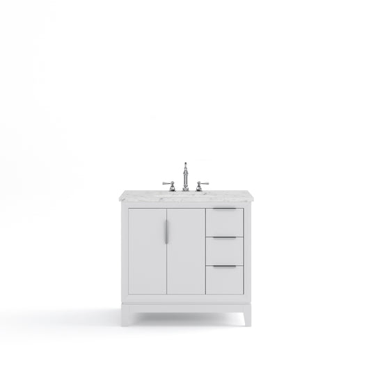 ELIZABETH 36"W x 34.25"H Pure White Single-Sink Vanity with Carrara White Marble Countertop + Faucets (F2-0012-01-TL)