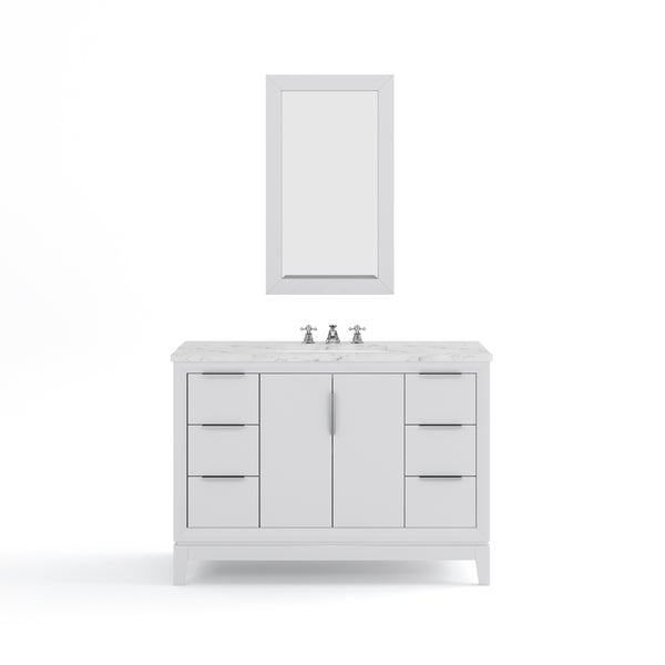 ELIZABETH 48W x 34.25H Pure White Single-Sink Vanity with Carrara White Marble Countertop + Faucets & Mirror (F2-0009-01-BX)