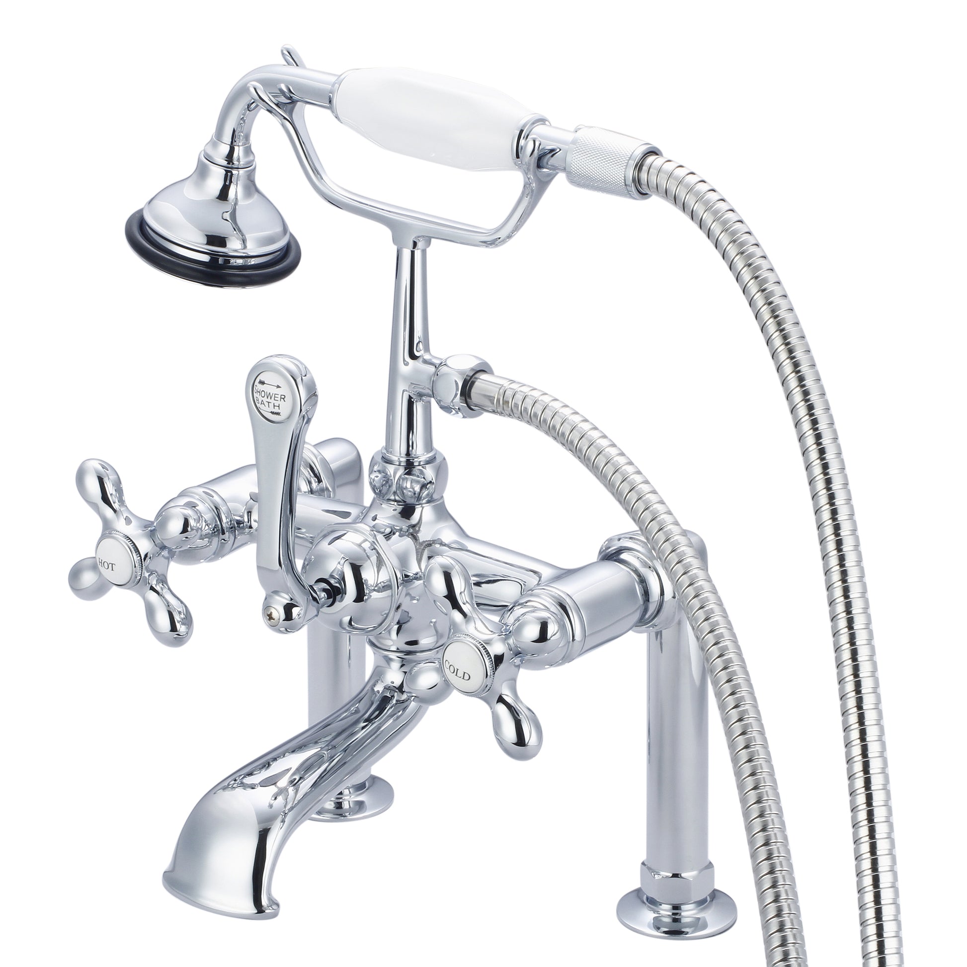 Vintage Classic 7" Spread Deck Mount Tub Faucet With 6" Risers & Handheld Shower in Chrome Finish, With Metal Lever Handles, Hot And Cold Labels Included