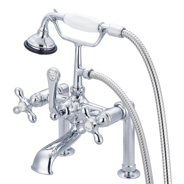 Vintage Classic 7 Spread Deck Mount Tub Faucet With 6 Risers & Handheld Shower in Chrome Finish, With Metal Lever Handles, Hot And Cold Labels Included