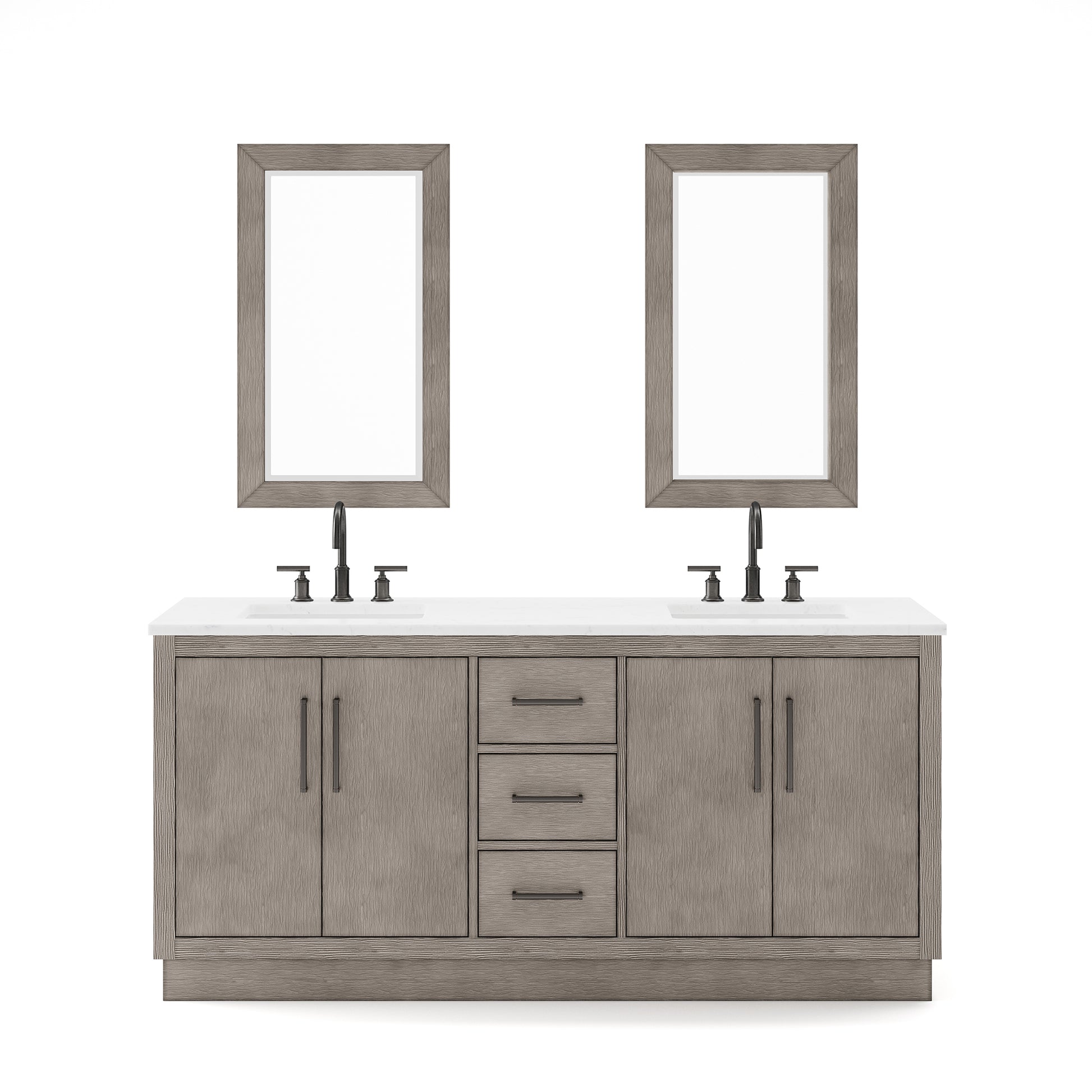 HUGO 72"W x 34.3"H Gray Oak Double-Sink Vanity with Carrara White Marble Countertop + Gooseneck Faucets and Mirrors