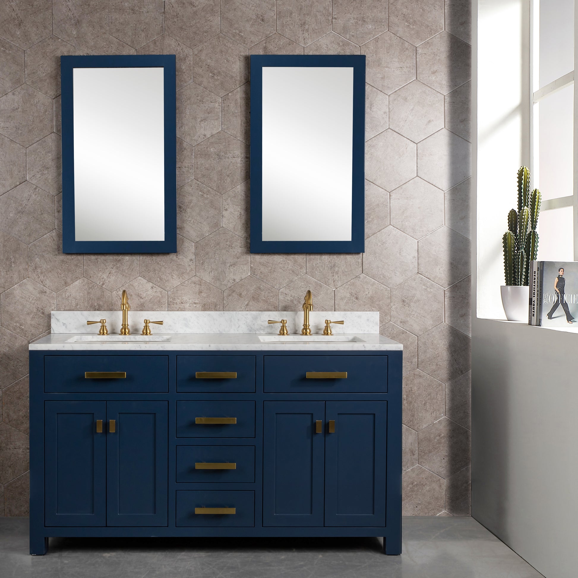 MADISON 60"W x 34"H Monarch Blue Double-Sink Vanity with Carrara White Marble Countertop + Faucets (F2-0012-06-TL)