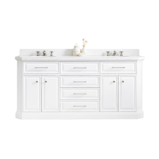 PALACE 72"W x 34"H Pure White Vanity with Carrara Quartz Countertop, Polished Nickel Finish Hardware