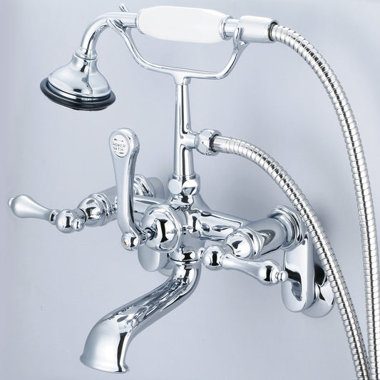 Vintage Classic Adjustable Center Wall Mount Tub Faucet With Swivel Wall Connector & Handheld Shower in Chrome Finish, With Metal Lever Handles Without Labels