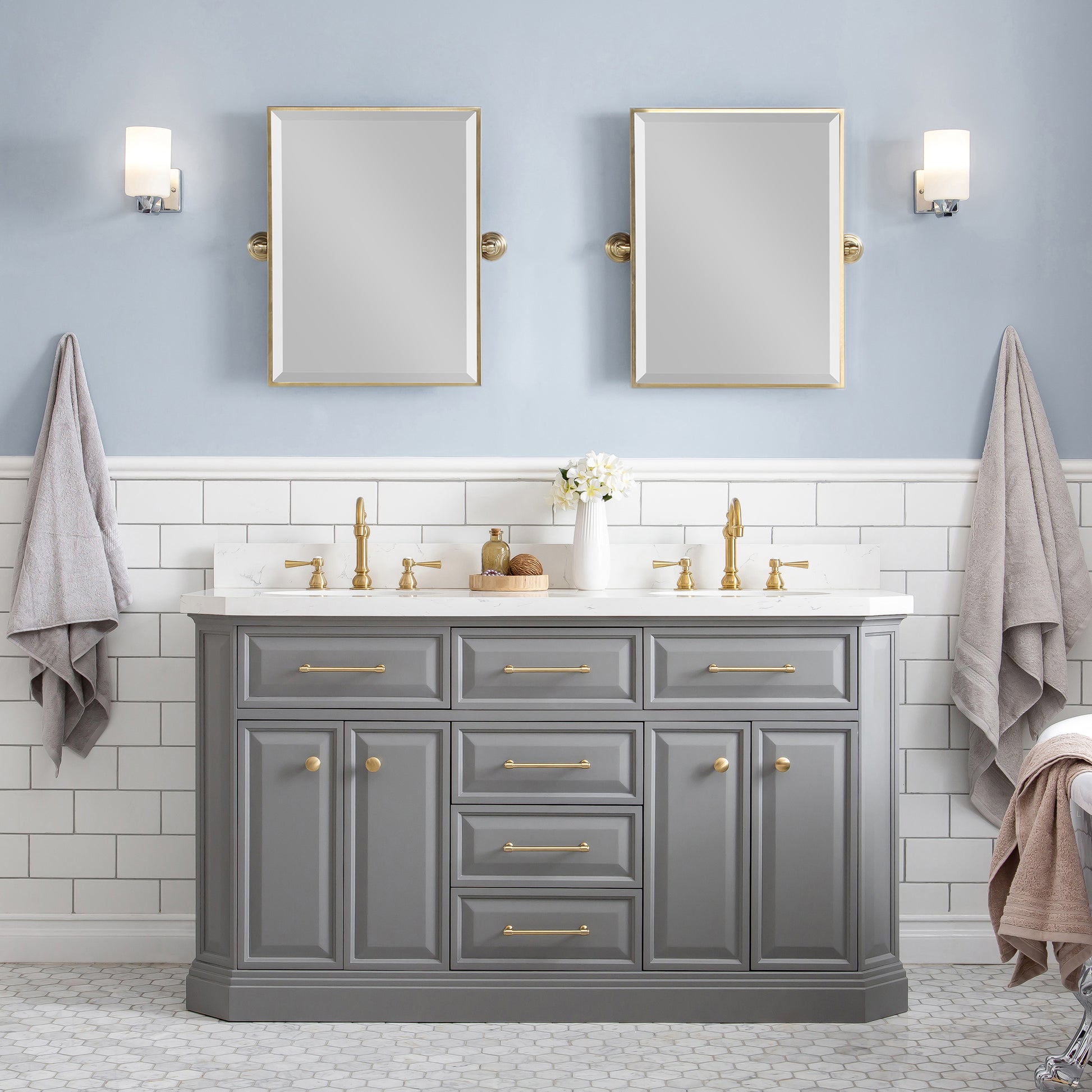 PALACE 60"W x 34"H Cashmere Gray Vanity with Carrara Quartz Countertop + Mirrors, Satin Gold Finish Hardware & Chrome Finish Mirror (B)