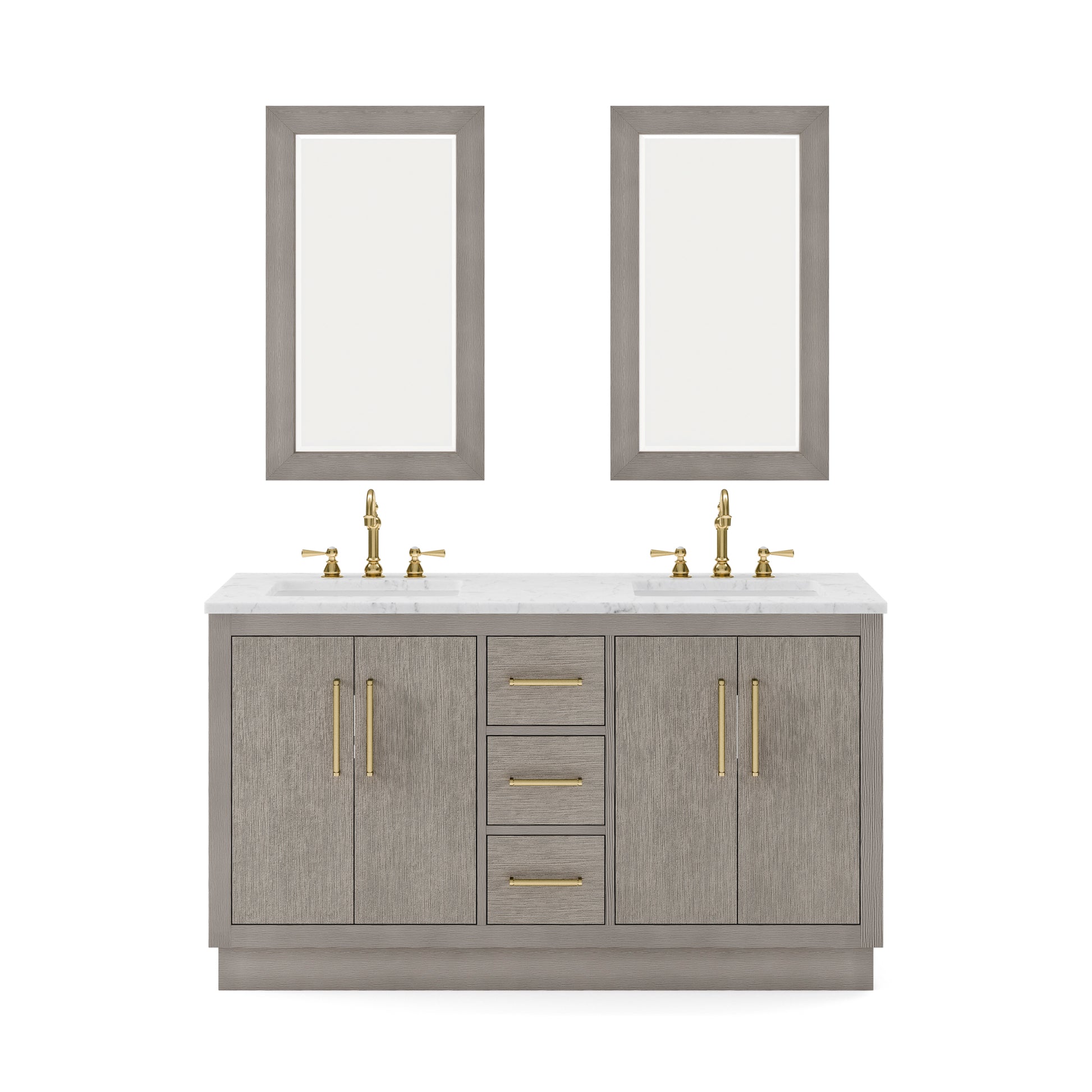 HUGO 60"W x 34.3"H Gray Oak Double-Sink Vanity with Carrara White Marble Countertop + Hook Faucets and Mirrors