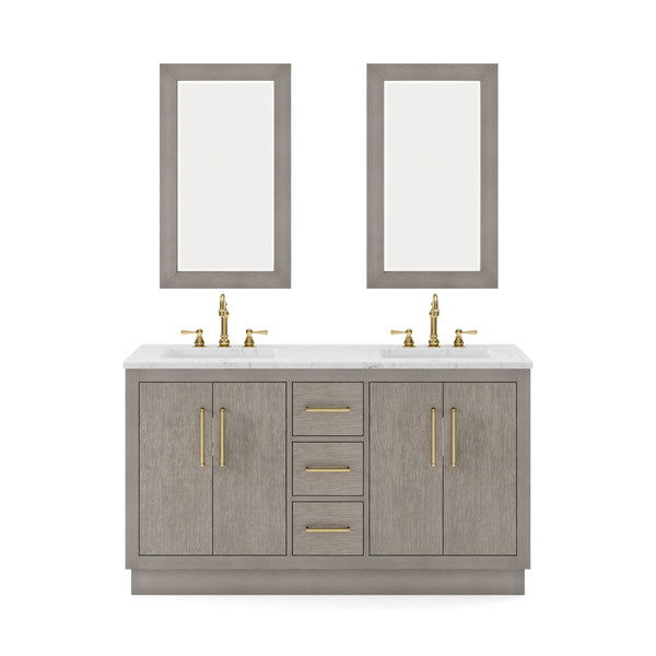 HUGO 60W x 34.3H Gray Oak Double-Sink Vanity with Carrara White Marble Countertop + Hook Faucets and Mirrors