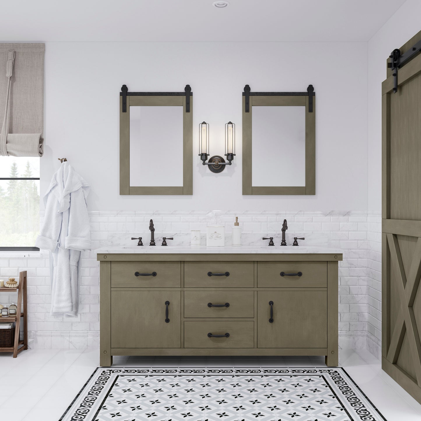 ABERDEEN 72"W x 34"H Grizzle Gray Double-Sink Vanity with Carrara White Marble Countertop + Hook Faucets and Mirrors