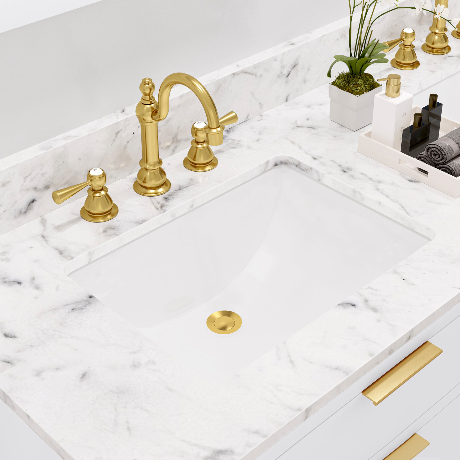 BRISTOL 60"W x 34"H Pure White Double-Sink Vanity with Carrara White Marble Countertop + Satin Gold Hook Faucets and Rectangular Mirrors (S)