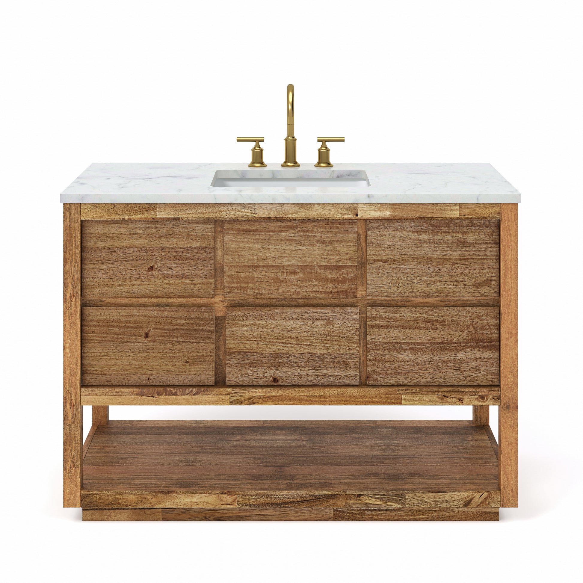 OAKMAN 48"W x 34.3"H Mango Wood Single-Sink Vanity with Carrara White Marble Countertop + Satin Gold Faucet