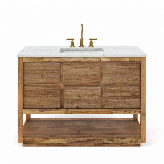 OAKMAN 48"W x 34.3"H Mango Wood Single-Sink Vanity with Carrara White Marble Countertop + Satin Gold Faucet