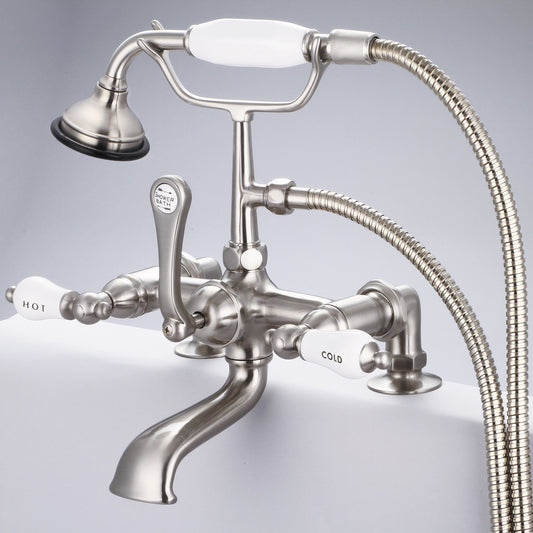 Vintage Classic 7" Spread Deck Mount Tub Faucet With 2" Risers & Handheld Shower in Brushed Nickel Finish, With Porcelain Lever Handles, Hot And Cold Labels Included