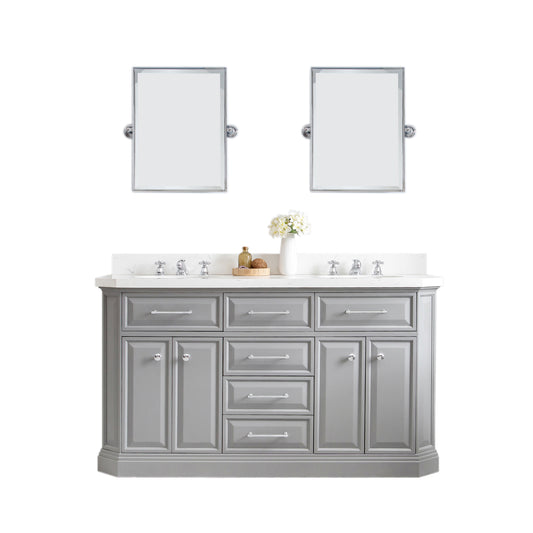 PALACE 60"W x 34"H Cashmere Gray Vanity with Carrara Quartz Countertop + Mirror, Chrome Finish Hardware & Mirror