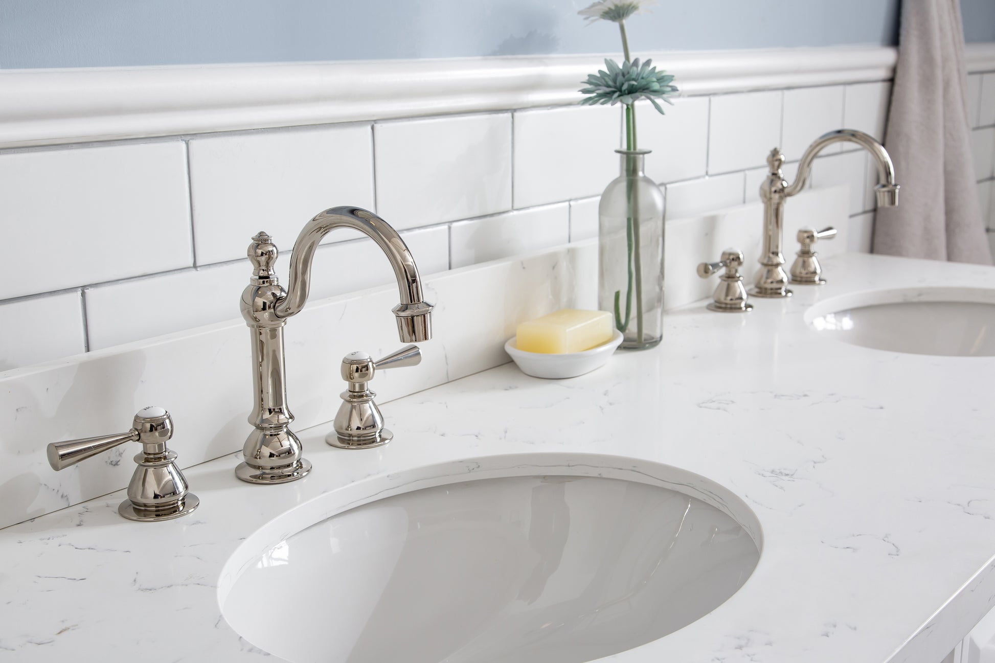 PALACE 60"W x 34"H Pure White Vanity with Carrara Quartz Countertop + Faucets (F2-0012), Polished Nickel Finish Hardware