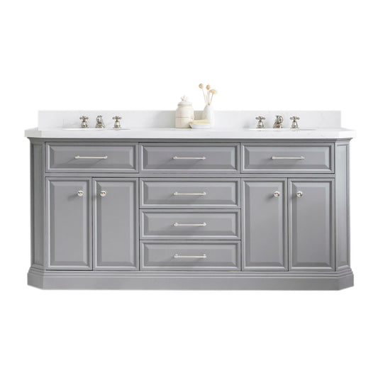 PALACE 72"W x 34"H Cashmere Gray Vanity with Carrara Quartz Countertop, Polished Nickel Finish Hardware