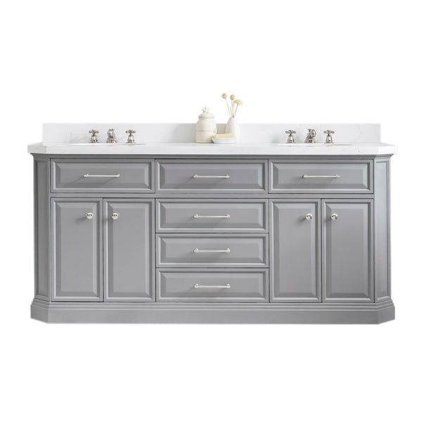 PALACE 72W x 34H Cashmere Gray Vanity with Carrara Quartz Countertop, Polished Nickel Finish Hardware