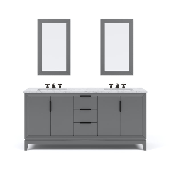 ELIZABETH 72W x 34.25H Cashmere Gray Double-Sink Vanity with Carrara White Marble Countertop + Faucets & Mirror (F2-0009-03-BX)