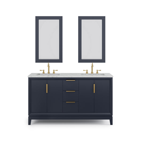 ELIZABETH 60W x 34.25H Monarch Blue Double-Sink Vanity with Carrara White Marble Countertop + Faucets & Mirror (F2-0012-06-TL)