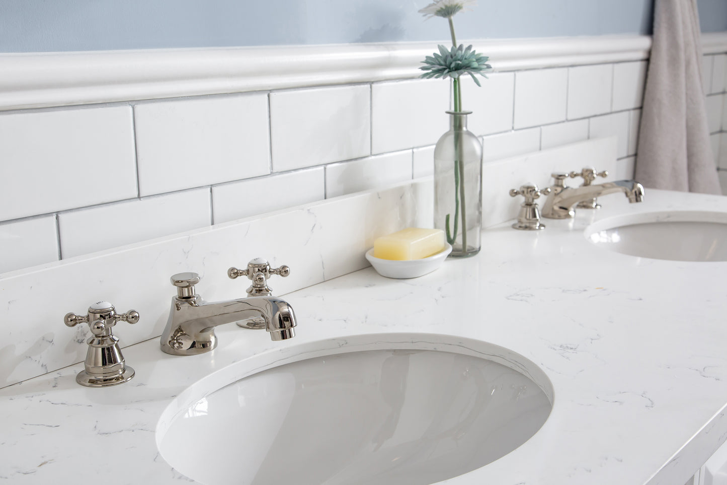 PALACE 60"W x 34"H Pure White Vanity with Carrara Quartz Countertop + Faucets (F2-0009), Polished Nickel Finish Hardware