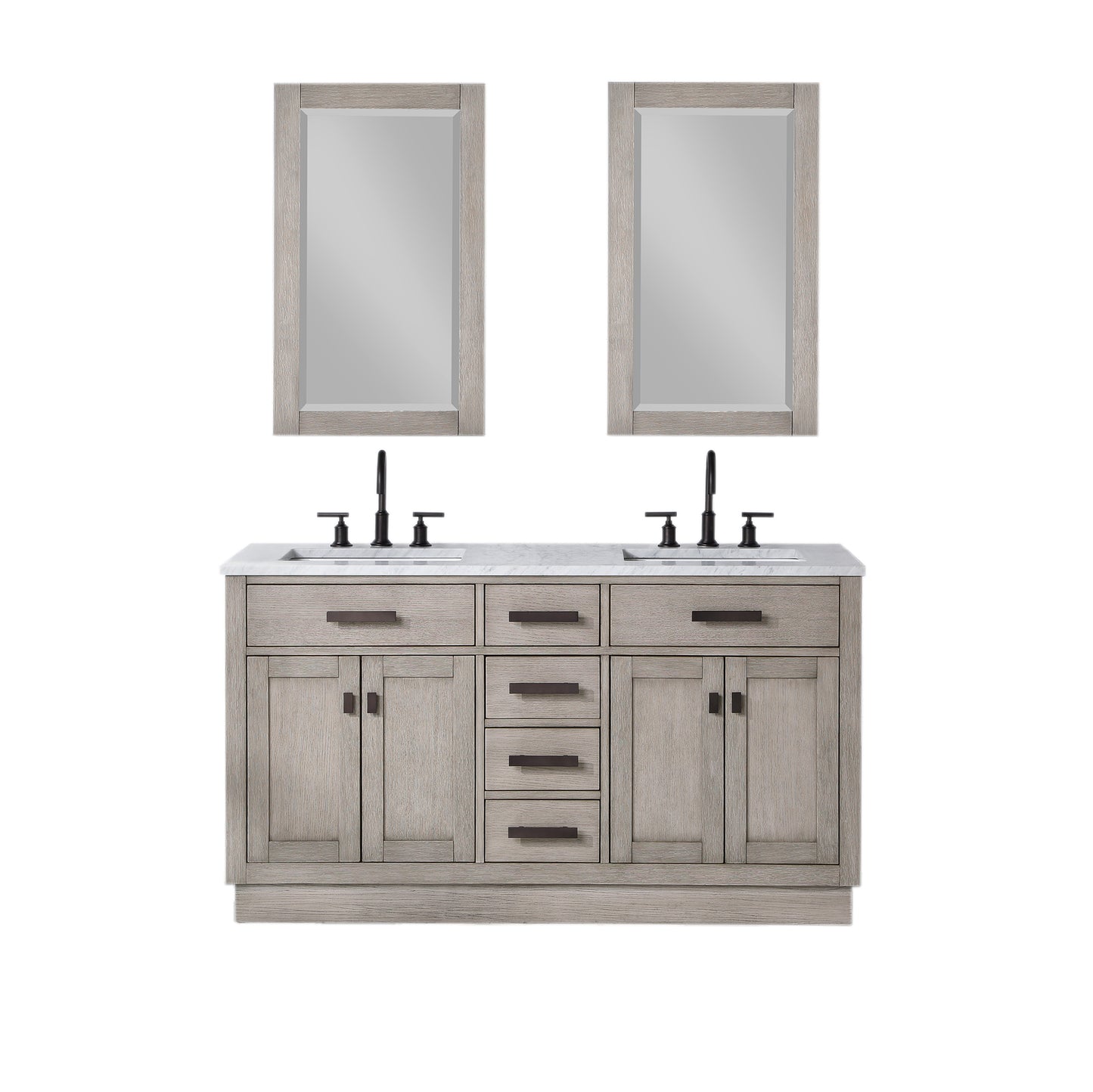 CHESTNUT 60"W x 34.2"H Gray Oak Double-Sink Vanity with Carrara White Marble Countertop + Faucets & Mirrors