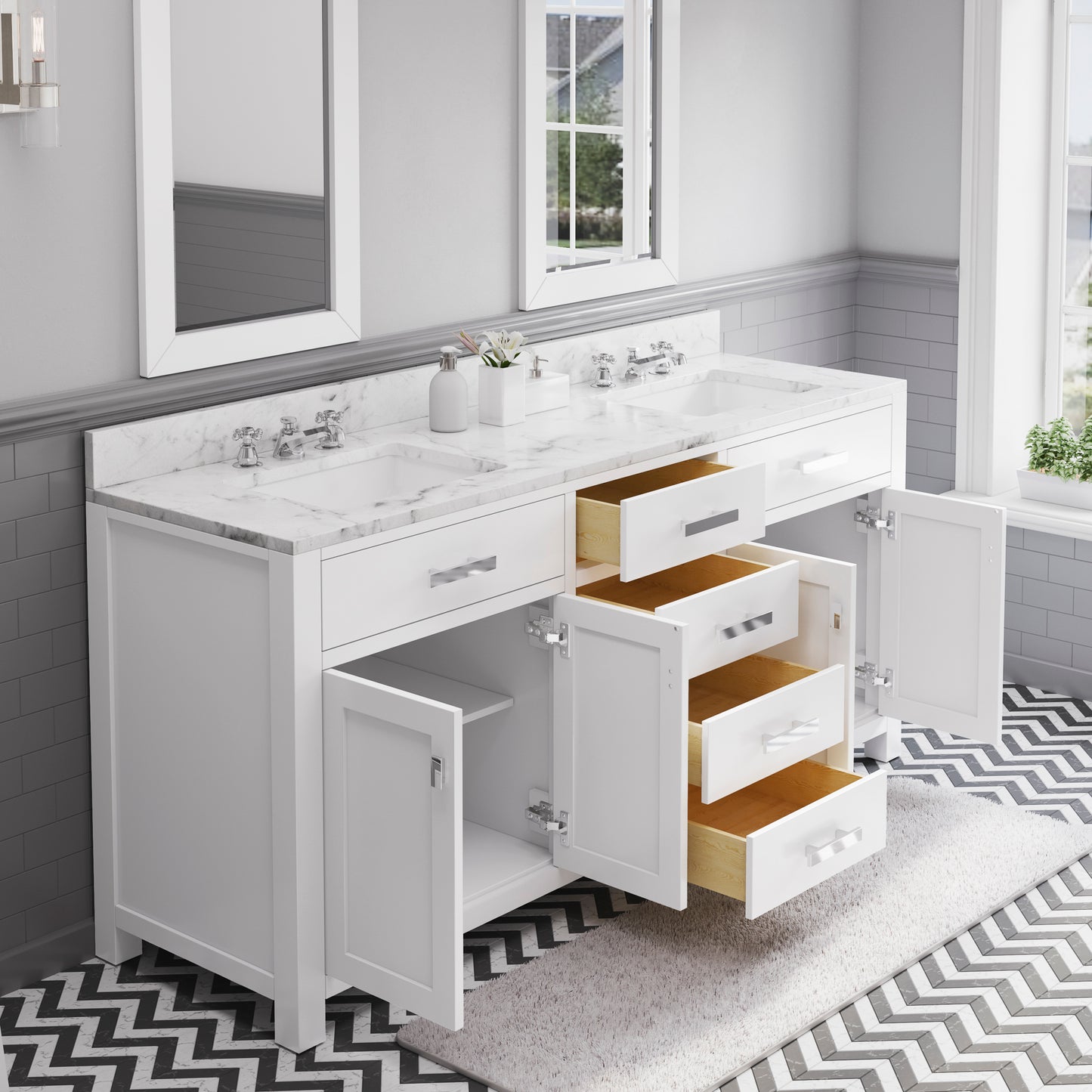 MADISON 72"W x 34"H Pure White Double-Sink Vanity + Faucets & Mirrors