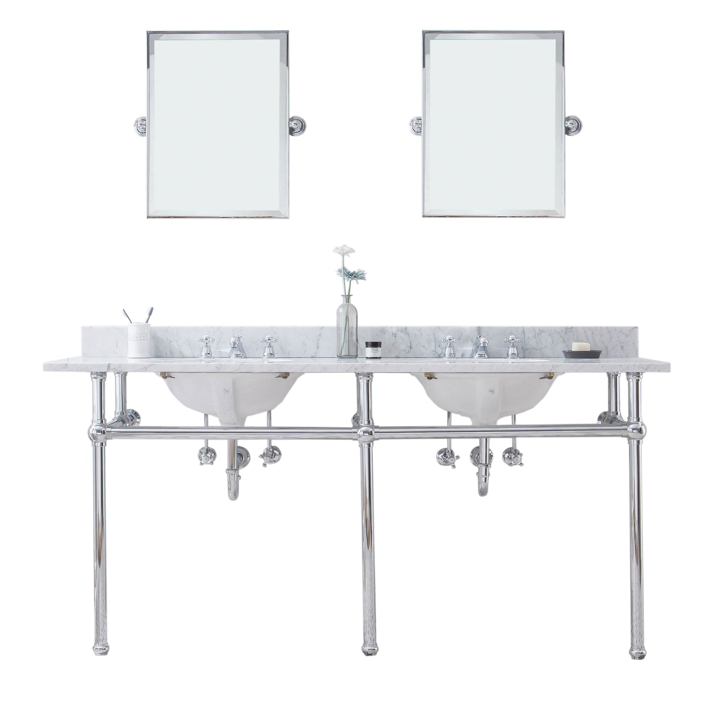 EMBASSY 72"W x 34"H  Double Washstand , P-Trap, Countertop with Sink, F2-0009 Faucet and Mirror included, in Chrome Finish