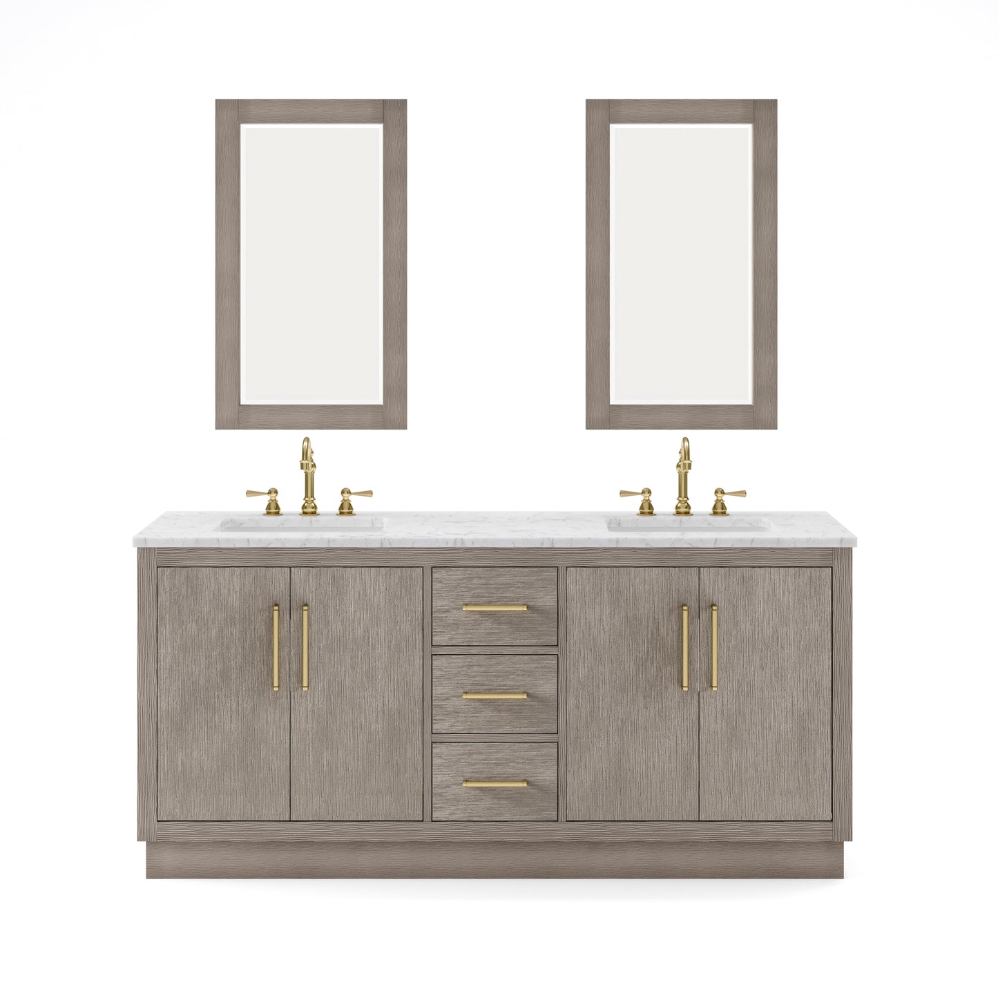 HUGO 72"W x 34.3"H Gray Oak Double-Sink Vanity with Carrara White Marble Countertop + Mirrors