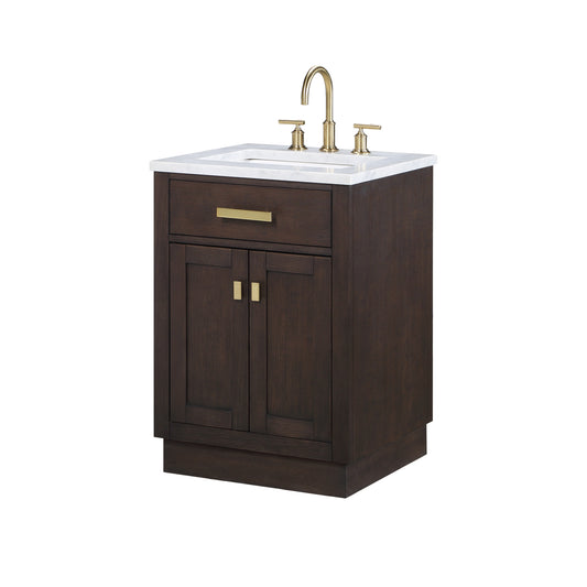 CHESTNUT 24"W x 34.2"H Brown Oak Single-Sink Vanity with Carrara White Marble Countertop + Faucet