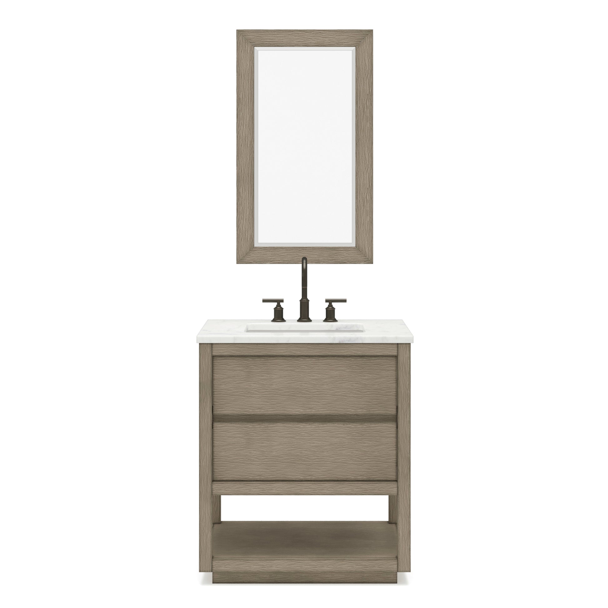 OAKMAN 30"W x 34.3"H Gray Oak Single-Sink Vanity with Carrara White Marble Countertop + ORB Faucet and Rectangular Mirror