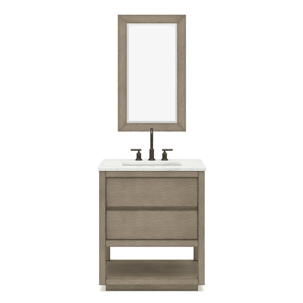 OAKMAN 30W x 34.3H Gray Oak Single-Sink Vanity with Carrara White Marble Countertop + ORB Faucet and Rectangular Mirror