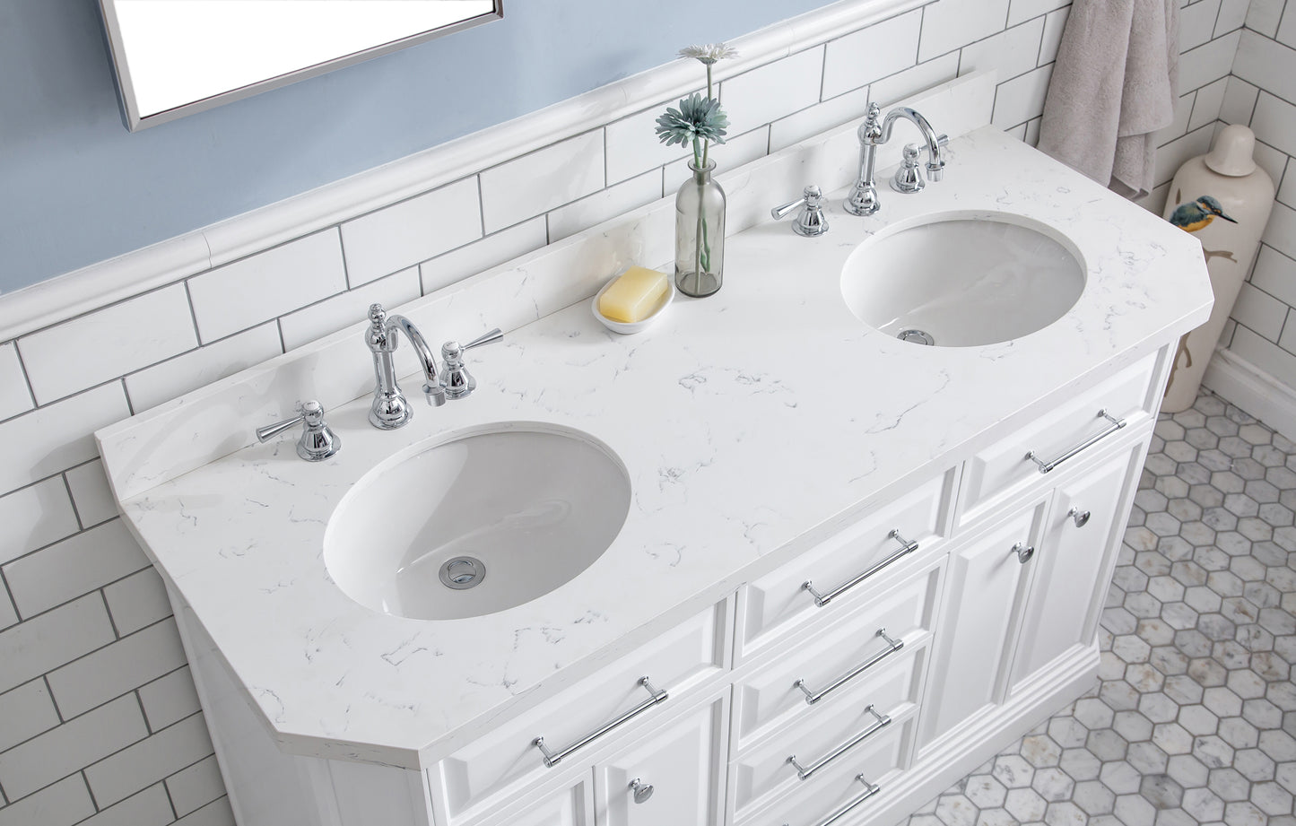 PALACE 60"W x 34"H Pure White Vanity with Carrara Quartz Countertop + Faucets (F2-0012), Chrome Finish Hardware