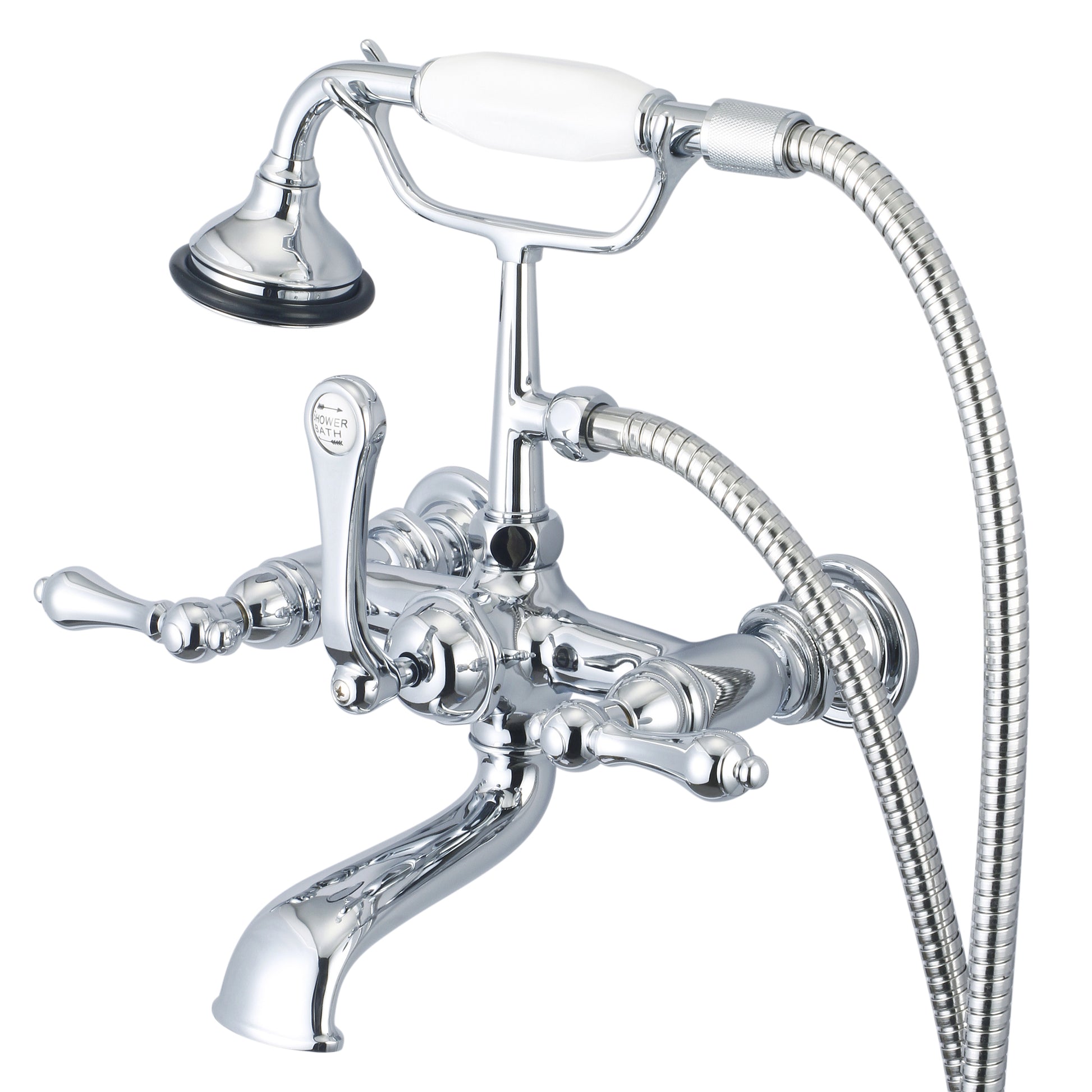 Vintage Classic 7" Spread Wall Mount Tub Faucet With Straight Wall Connector & Handheld Shower in Chrome Finish, With Metal Lever Handles Without Labels