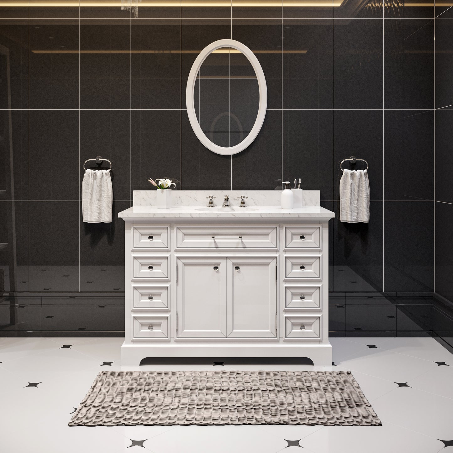 DERBY 48"W x 34"H Pure White Single-Sink Vanity with Carrara White Marble Countertop + Faucet