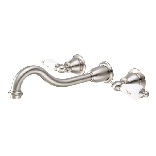 Elegant Spout Wall Mount Vessel/Bathroom Faucets in Brushed Nickel Finish, With Porcelain Lever Handles, Hot And Cold Labels Included