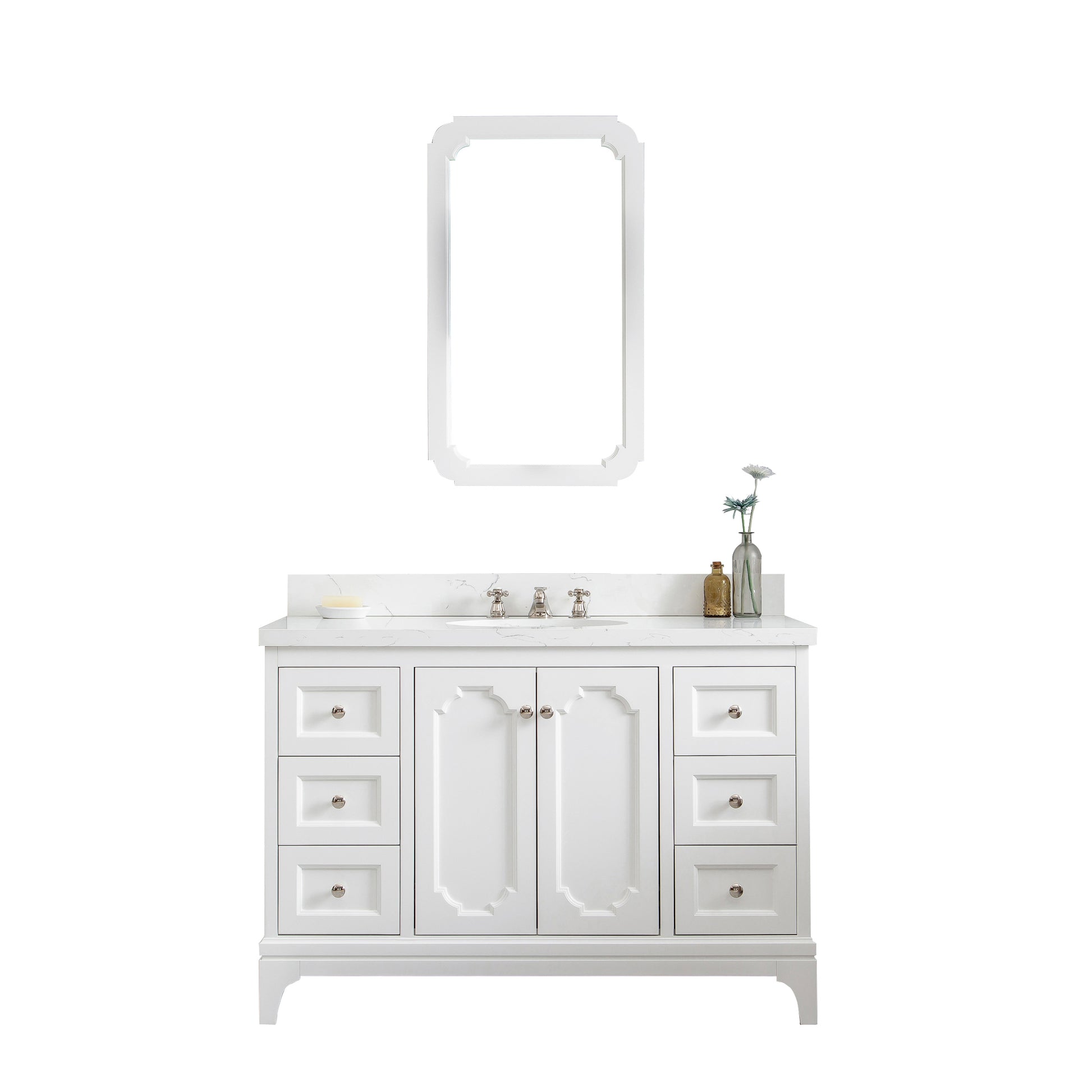 QUEEN 48"W x 34"H Pure White Single-Sink Vanity with Carrara Quartz Countertop + Mirror