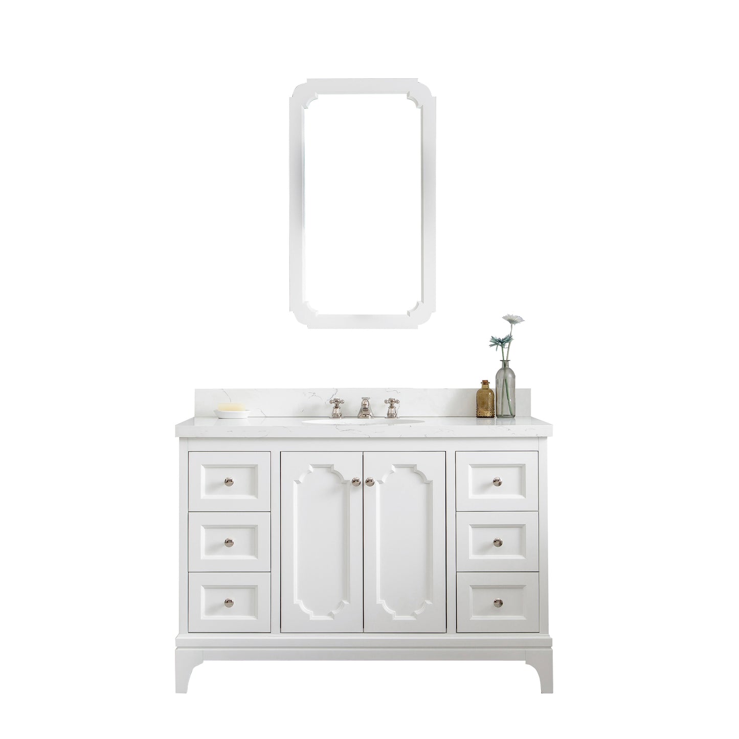 QUEEN 48"W x 34"H Pure White Single-Sink Vanity with Carrara Quartz Countertop + Mirror