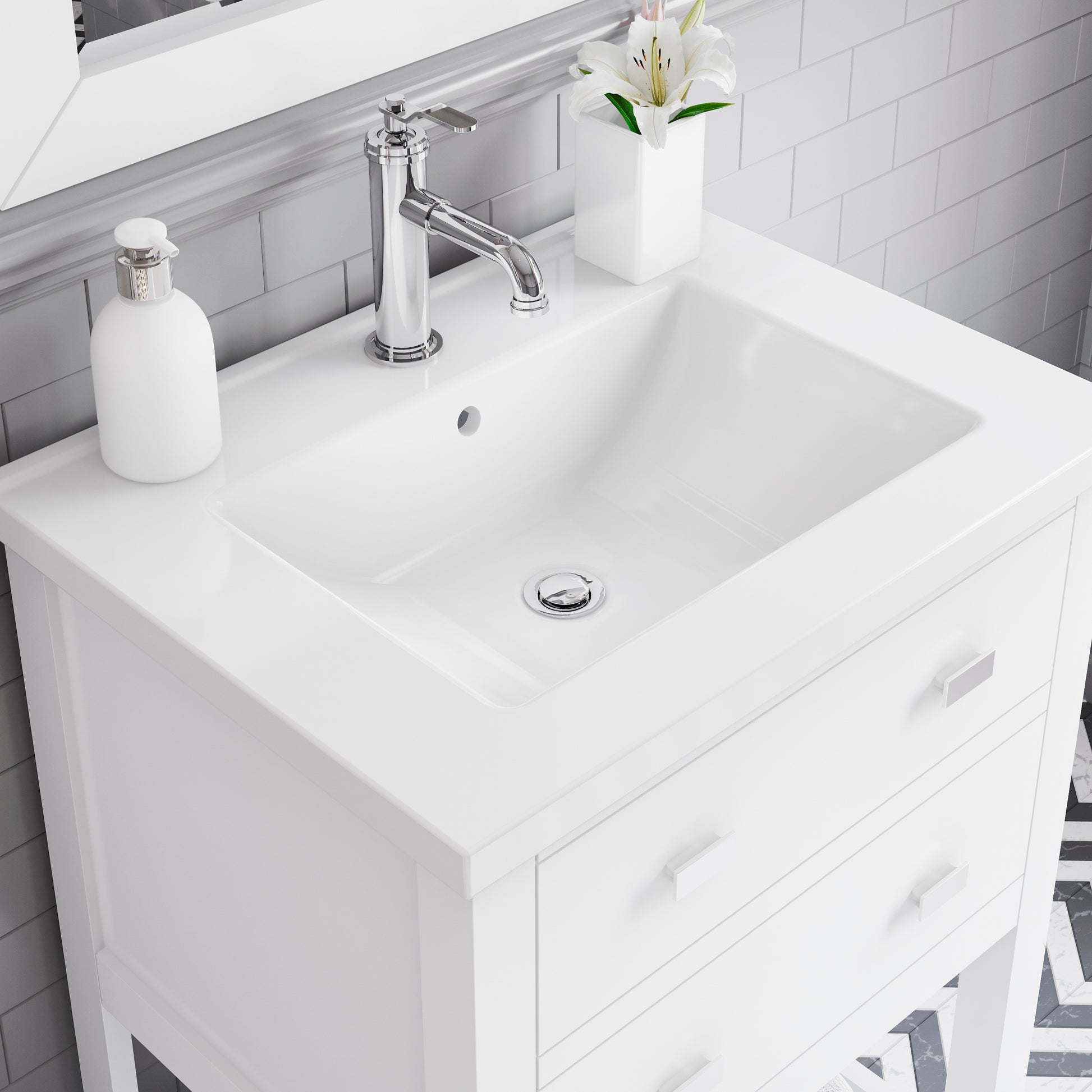 VIOLA 24"W x 34"H Pure White Integrated Ceramic Sink Vanity + Modern Single Faucet