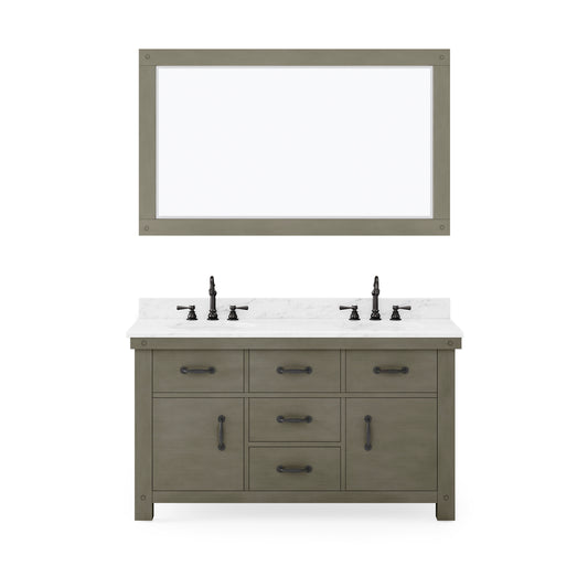 ABERDEEN 60"W x 34"H Grizzle Gray Double-Sink Vanity with Carrara White Marble Countertop + Faucets & Mirror