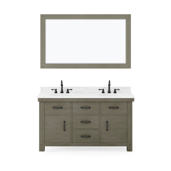 ABERDEEN 60W x 34H Grizzle Gray Double-Sink Vanity with Carrara White Marble Countertop + Faucets & Mirror