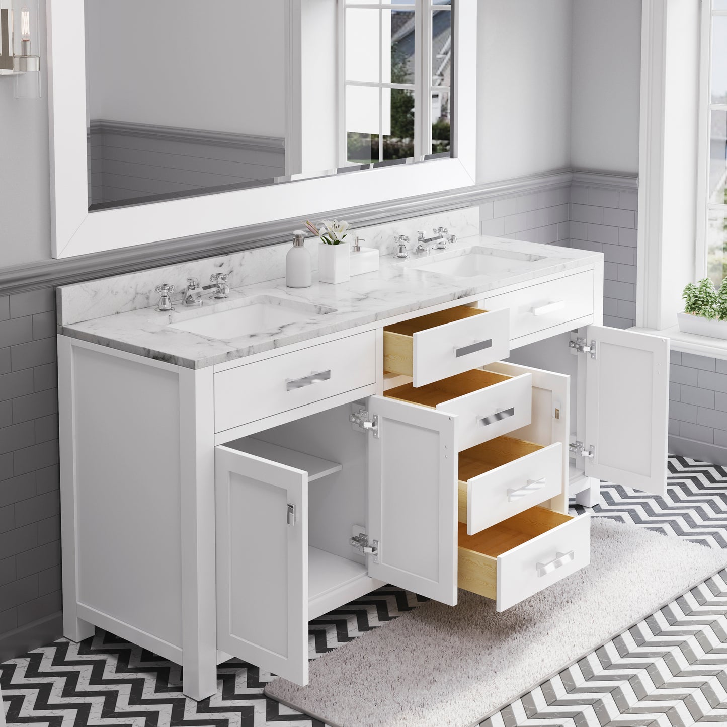 MADISON 72"W x 34"H Pure White Double-Sink Vanity + Faucets & Mirror