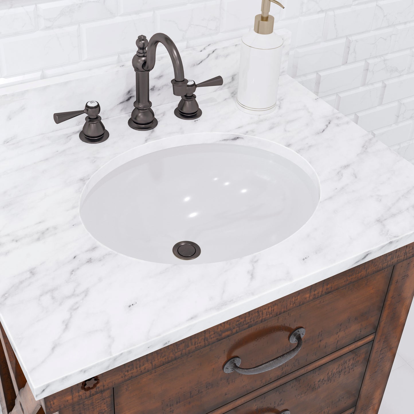 ABERDEEN 30"W x 34"H Sierra Rustic Single-Sink Vanity with Carrara White Marble Countertop + Hook Faucet and Mirror