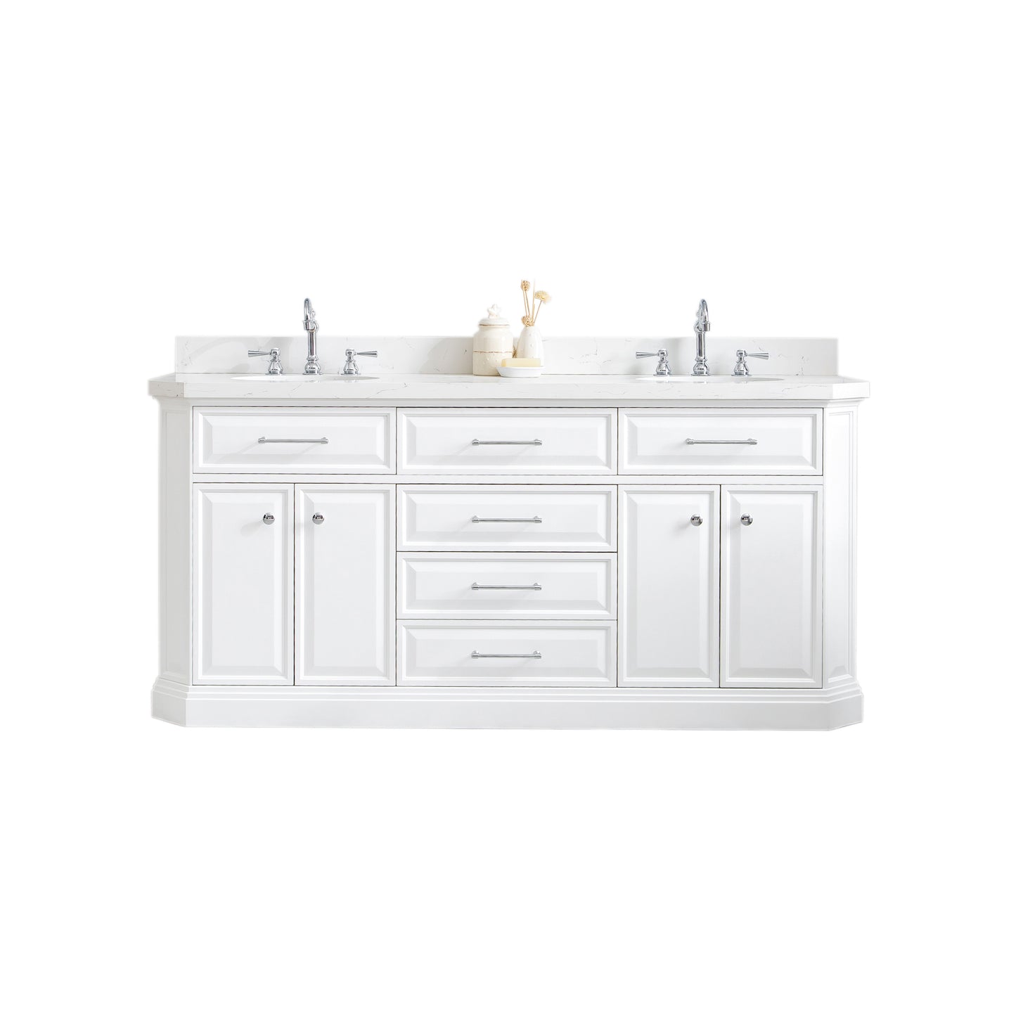 PALACE 72"W x 34"H Pure White Vanity with Carrara Quartz Countertop + Faucets (F2-0012), Chrome Finish Hardware