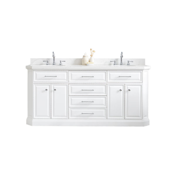 PALACE 72W x 34H Pure White Vanity with Carrara Quartz Countertop + Faucets (F2-0012), Chrome Finish Hardware