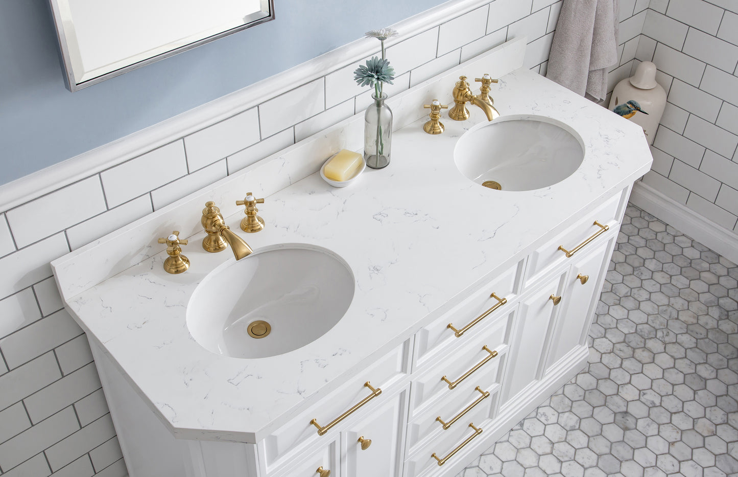 PALACE 60"W x 34"H Pure White Vanity with Carrara Quartz Countertop + Faucets & Mirrors (F2-0013), Satin Gold Finish Hardware & Chrome Finish Mirror (A)