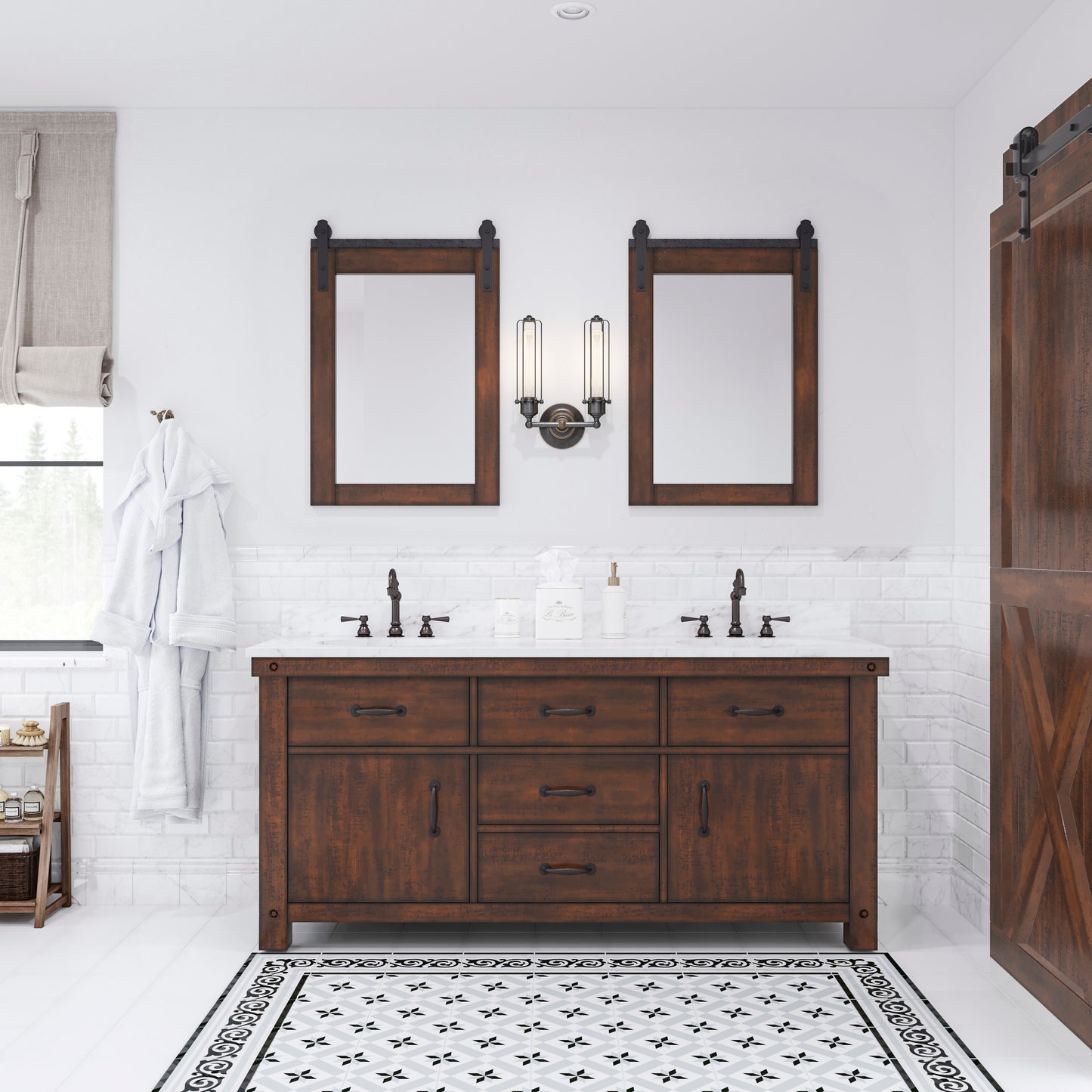 ABERDEEN 72"W x 34"H Sierra Rustic Double-Sink Vanity with Carrara White Marble Countertop + Hook Faucets and Mirrors